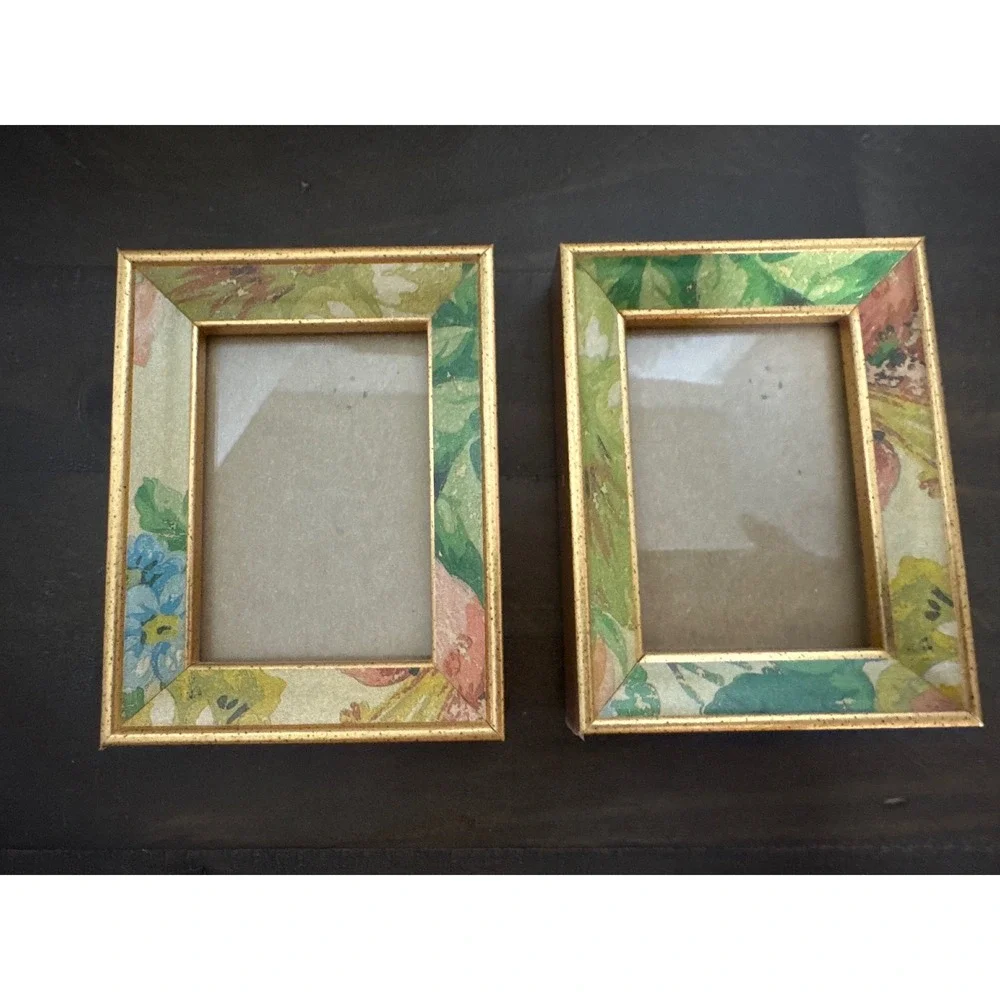 VTG Style Floral Gold Trim Miniature Picture Frames Set of 2 Green Blue 3x4.5